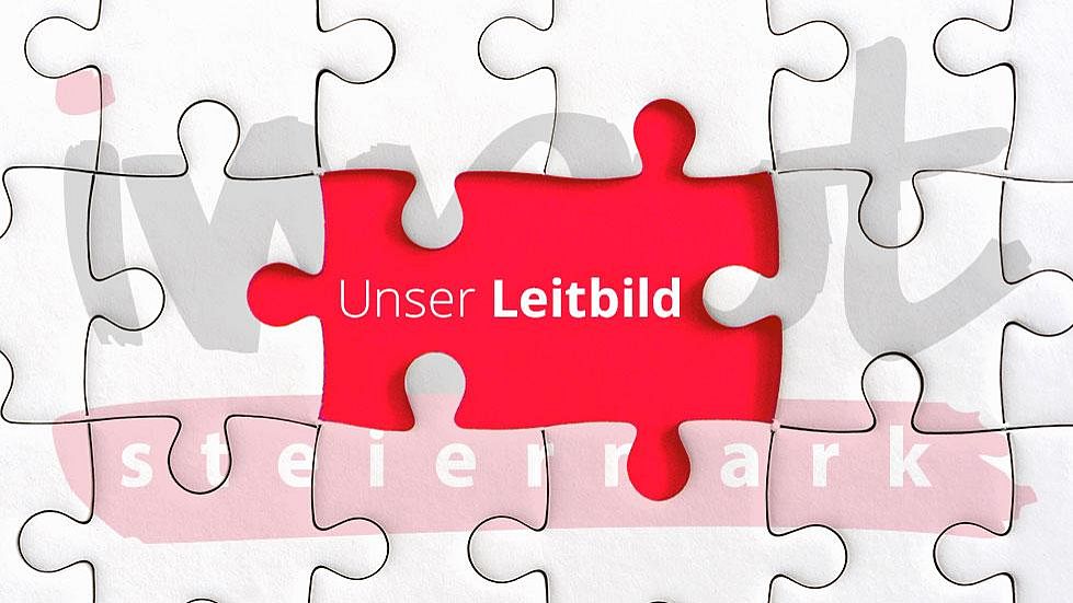 Der Schriftzug "Unser Leitbild" ist umfasst von Puzzleteilen. Der innerste Stein mit dem Schriftzug ist in der input-typischen Farbe. Im Hintergund ist das Input-Logo ersichtlich. 